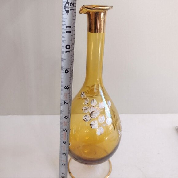 Vtg Italy Hand Blown Glass Wine Decanter Amber Gold White Floral Hand Painted - Picture 13 of 15